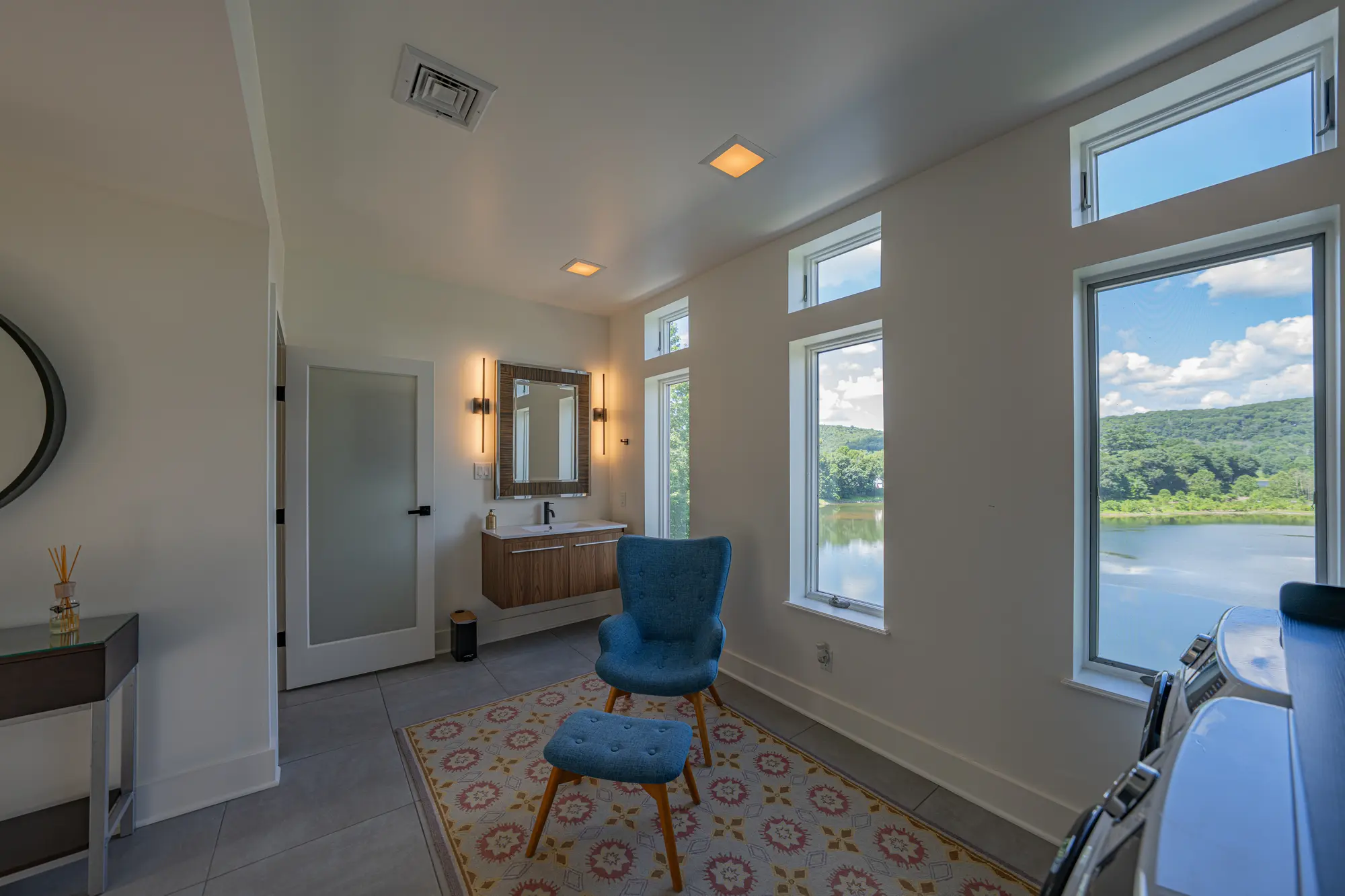 Bathroom with Delaware River view at River Penthouse Narrowsburg NY