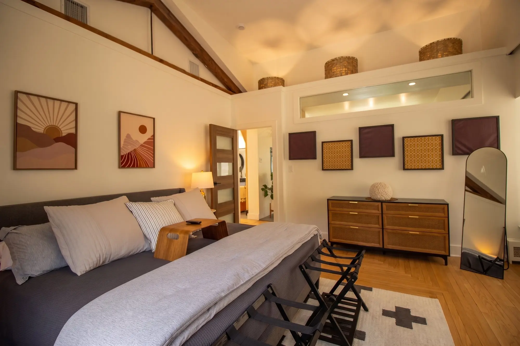 River Penthouse second bedroom with vaulted ceiling and exposed beam, Narrowsburg NY
