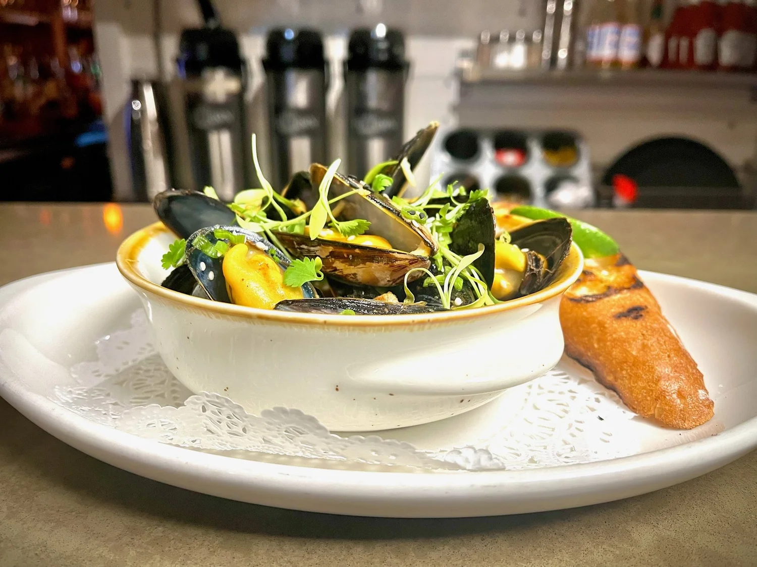 Mussels and grilled bread at The Heron Restaurant Narrowsburg NY — farm to table dining